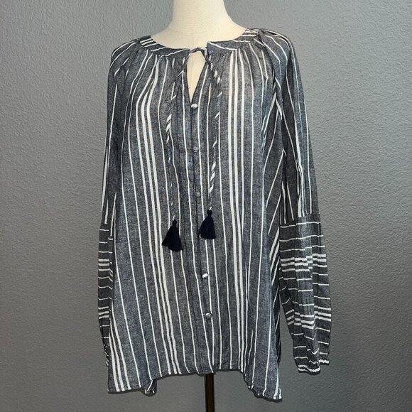 LANE BRYANT Long Balloon Sleeve Peasant Blouse - Linen Blend -Black & White - 26 - Picture 1 of 13